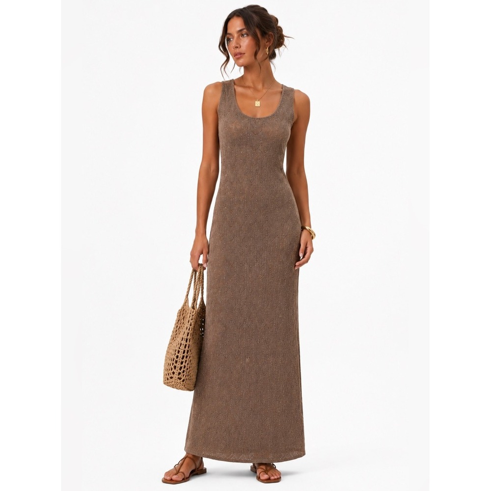 Boho Knit Maxi Dress Beige Bronze Chevron Overlay Lined Metallic Resort 14 / L